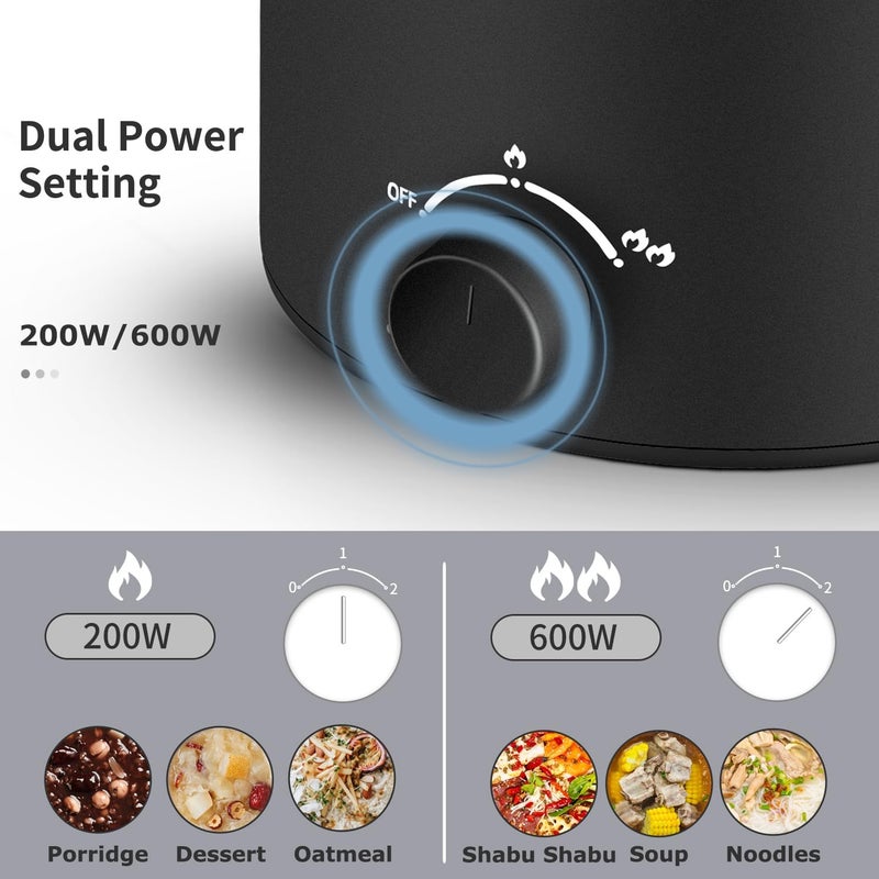 TopWit Hot Pot Electric with Steamer, 1.6L Ramen Cooker, Electric Pot for Pasta, Shabu-Shabu, Oatmeal, Soup and Egg, Portable Cooker with Dual Power Control, Dorm Room Essentials, Black - Image 5